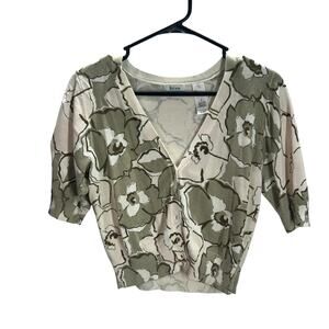 Liz & Co Green‎ White Floral Blouse Puff Sleeve Cotton Size M